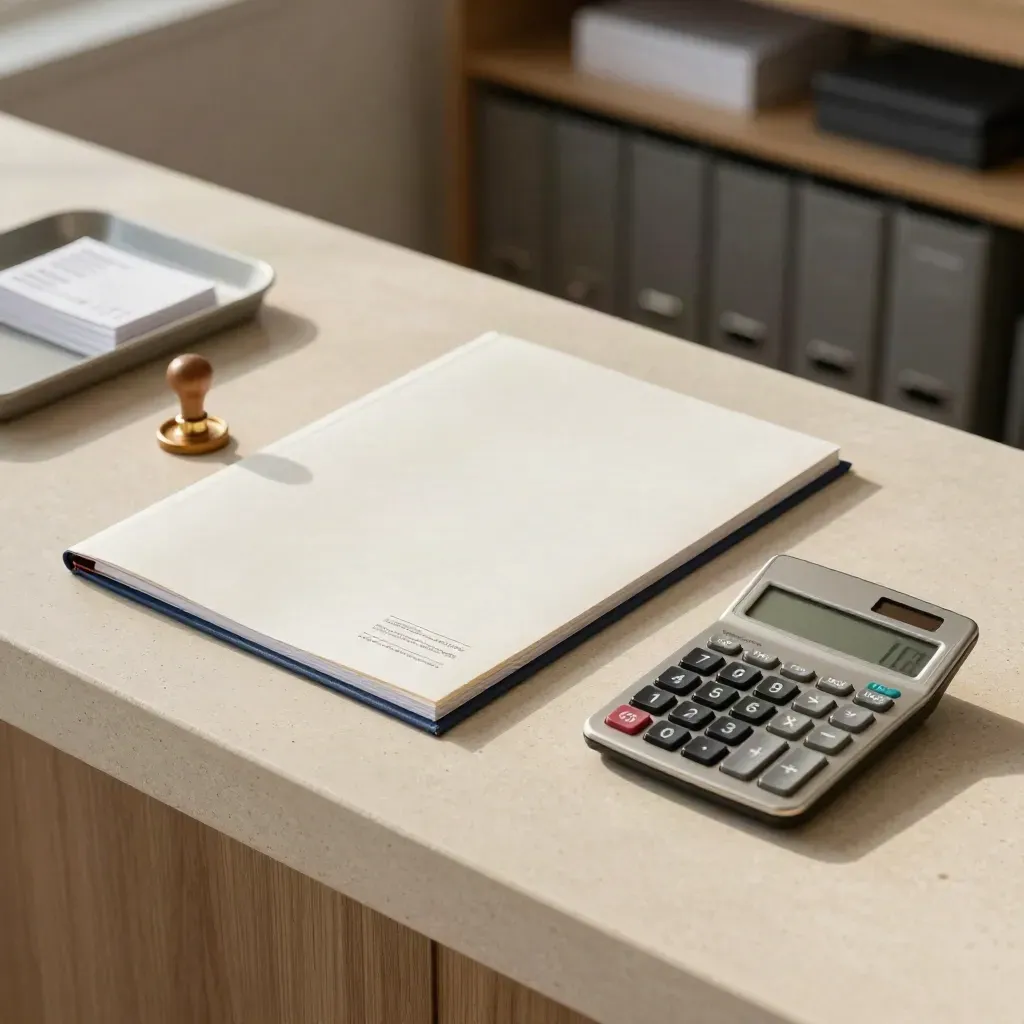 VAT registration kit on pale stone with folder, seal, cards, calculator in a calm office