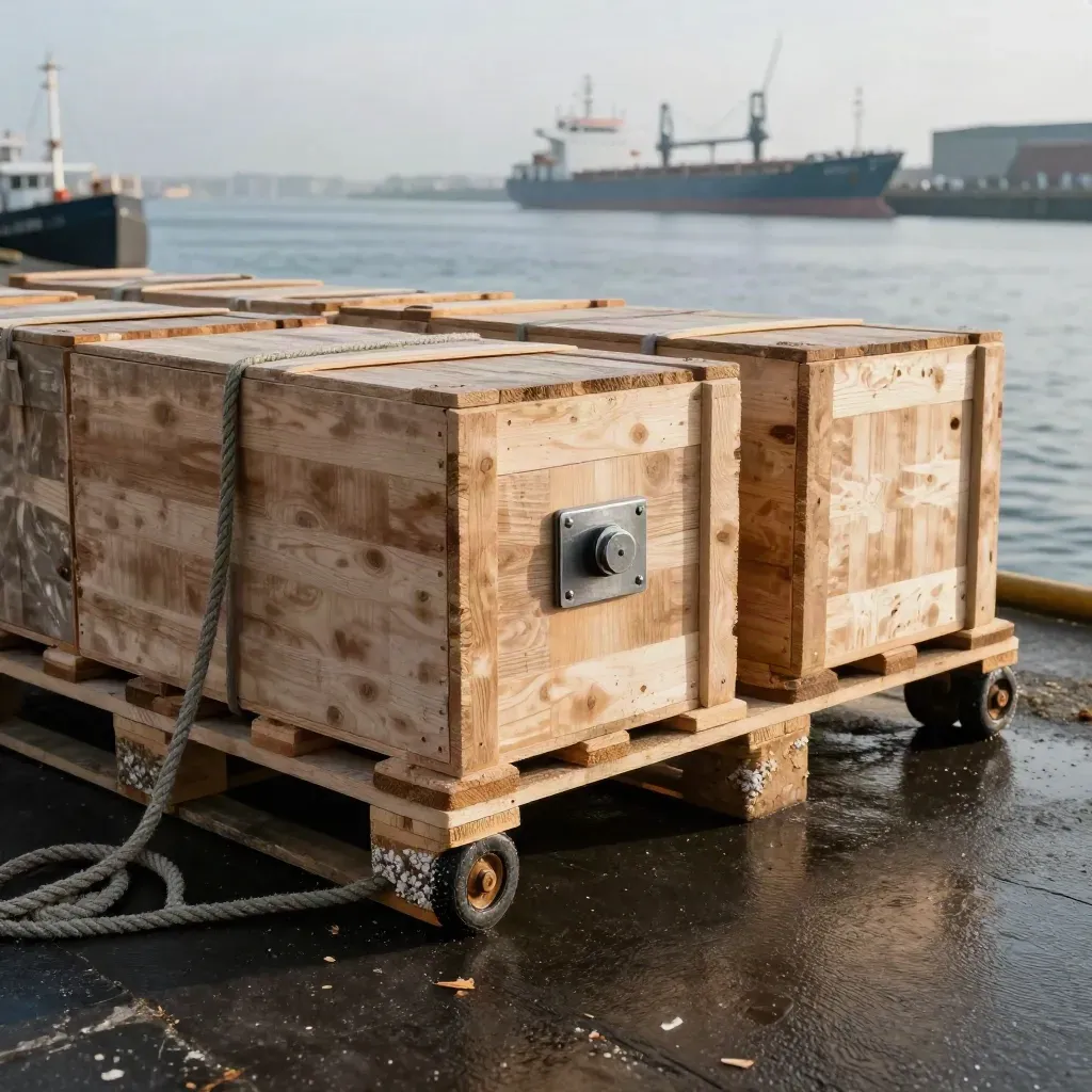 Sealed export crates on a Dublin quay beside wet stone, rope, and hazy harbour water