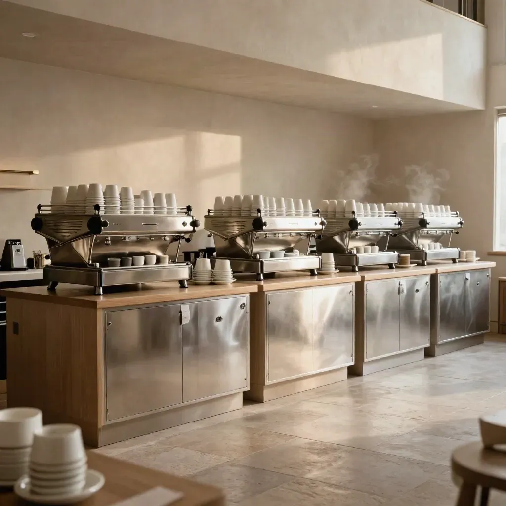 Six tidy cafe counters with closed tills and stacked cups in a calm, ready-to-open interior.