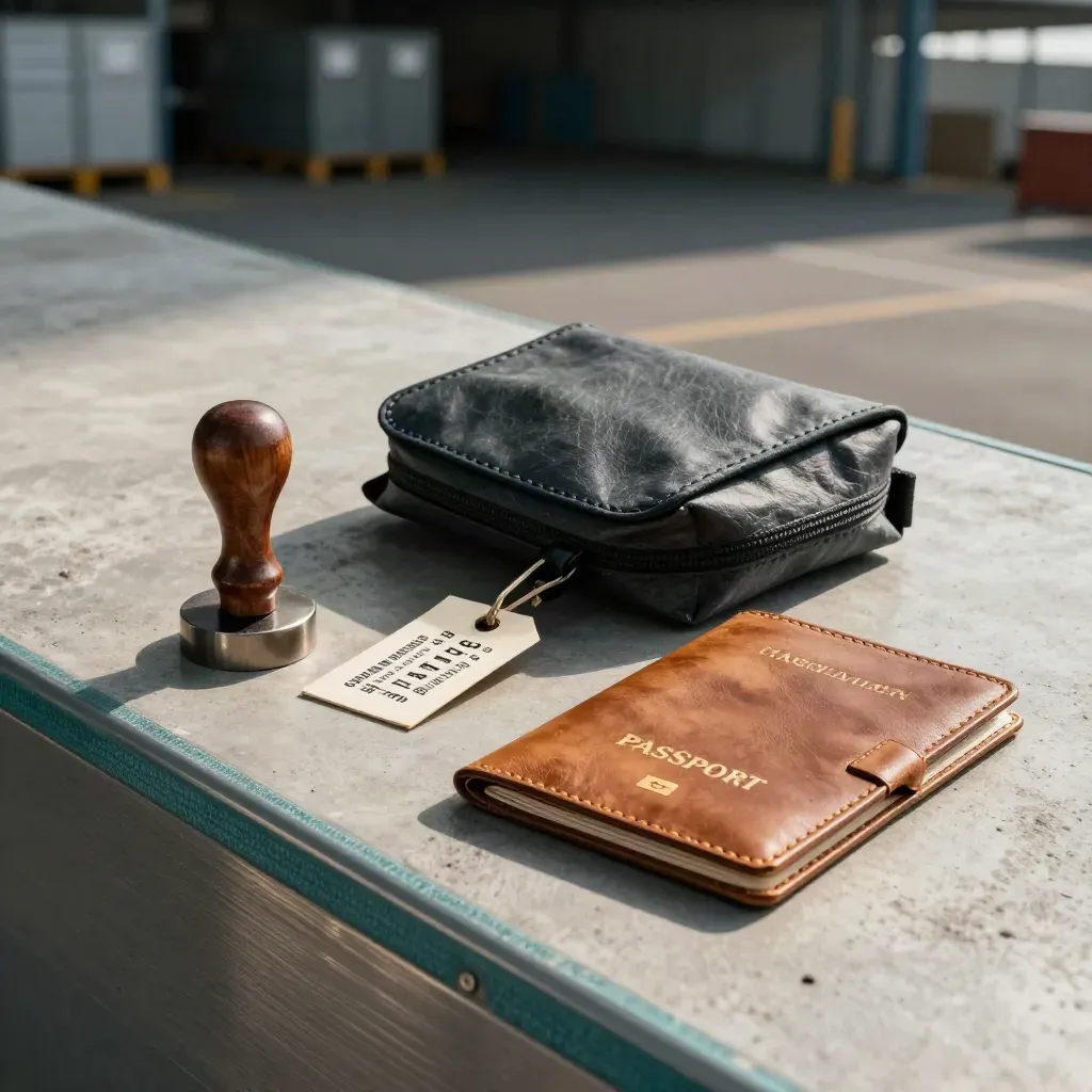 Customs seal, transit pouch, crate tag and face-down passport cover on an export bay.