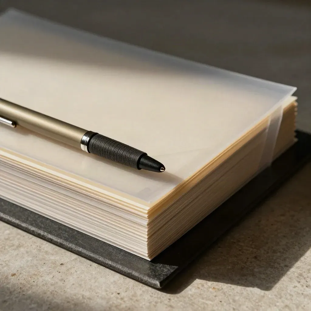 Compliance tools in a tray: clips, sleeves and a pen on slate stone.