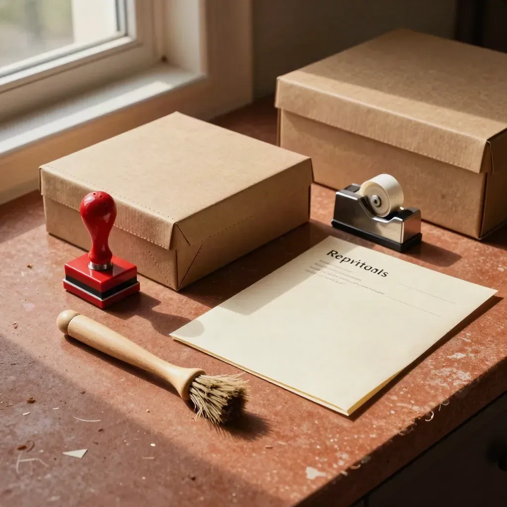 Audit response tools on a terracotta stone counter: archive box, red stamp, tape dispenser and gum brush.