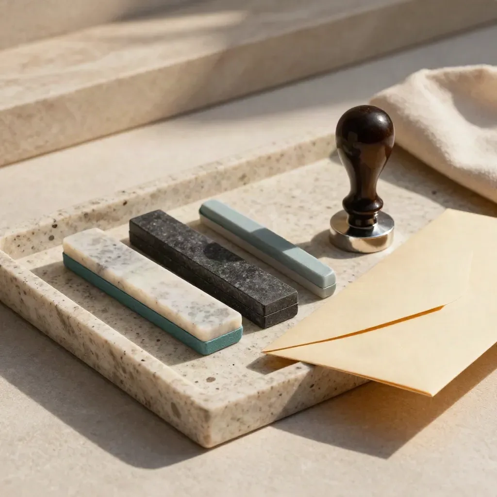 Travertine tray with binder dividers, customs seal and face-down transit envelope
